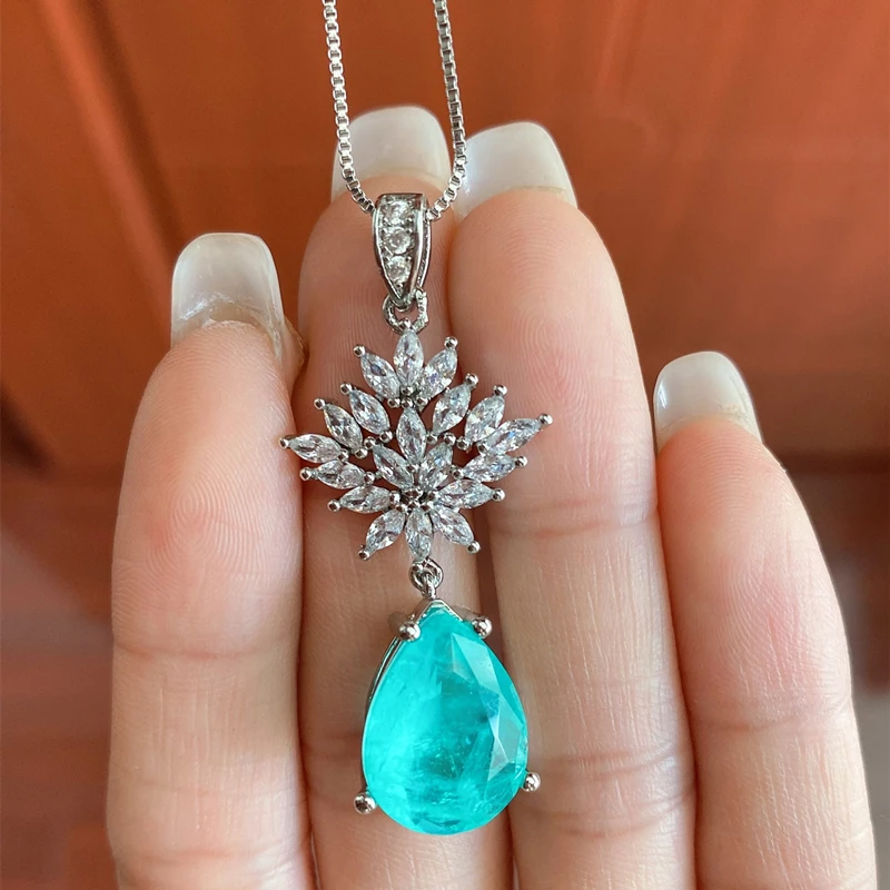 925 Sterling Silver Paraiba Gemstone Drop Snowflake Crystal Pendant Earrings 2022 Trend Necklace Jewelry Set Women Cocktail Gift