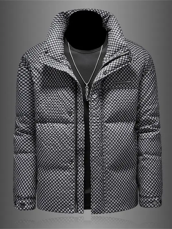 

Winter Men's Classic Plaid Print Stand Collar down Jaet Faionable Trendy Personalized Haome Thi Outerwear