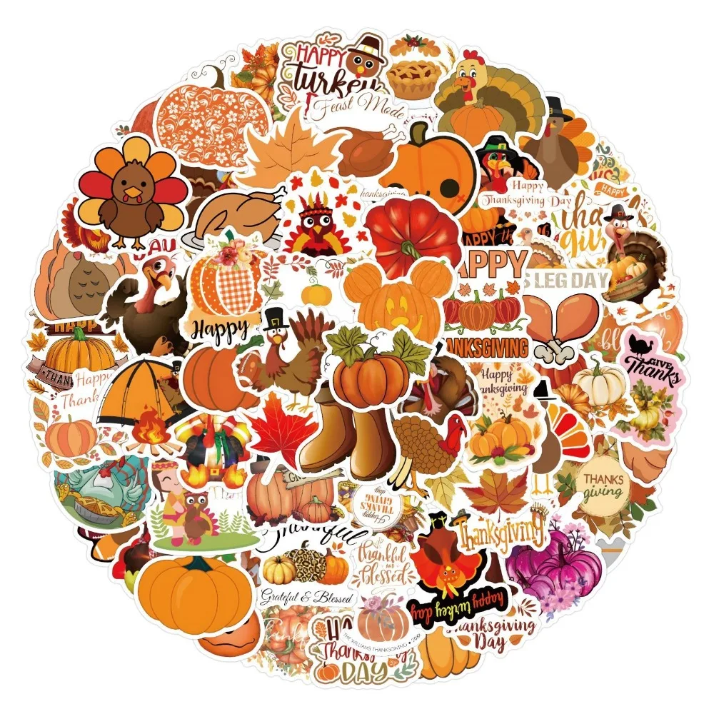 110pcs Cartoon Thanksgiving Day/Easter Turkey Sticker Decoration PVC Good Harvest Decals DIY Waterproof Seal Stickers Skate