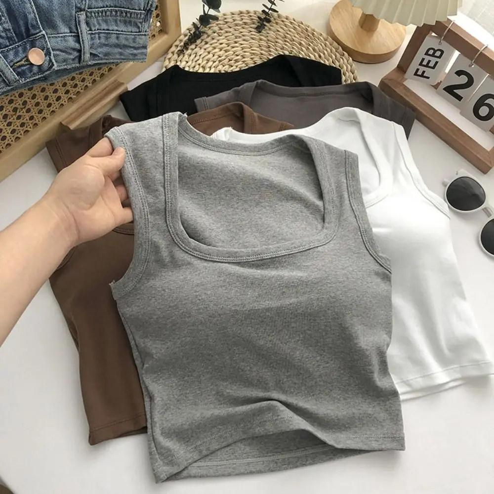 

With Chest Pads Bra Square Collar Sleeveles Camisole Black White Grey Solid Color Sexy Square Tank Top Vest