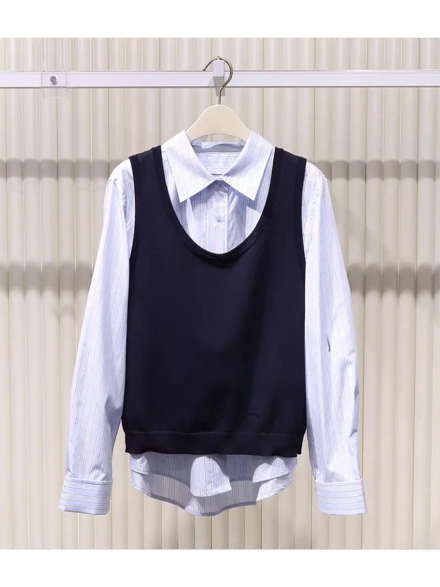 

Spring 2026 Women's Fashionable Versatile Loose Striped Vest Shirt Two-Piece Set College Style Clothing Long Sleeve Turn-down...