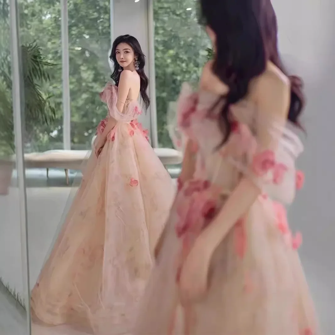 Novedad de verano, vestido decorativo de flores 3D con un hombro al descubierto, vestido de noche elegante francés para banquete, vestidos largos para mujer, vestido de novia