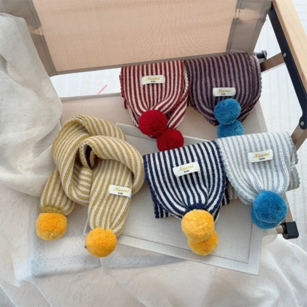 Moda listra cachecol de malha à prova de vento colorido pom pom manter quente blanke à prova de frio pescoço mais quente para crianças