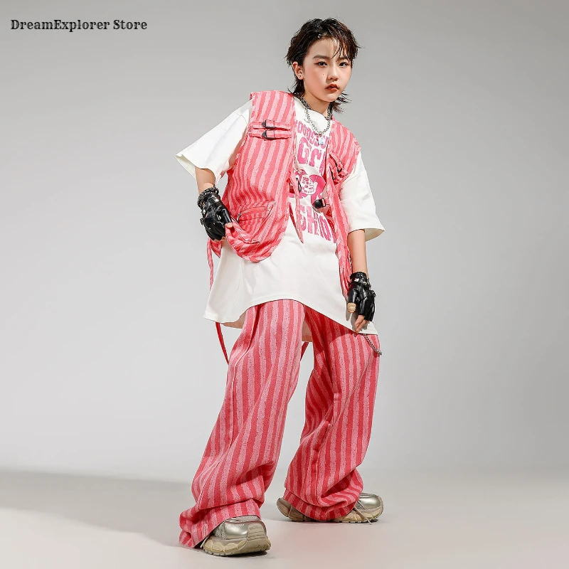 Ragazzi Hip Hop T-shirt Gilet a righe rosa Pantaloni da ballo di strada Ragazze Costumi K-pop Bambini Adolescenti Set di vestiti jazz Bambini Streetwear