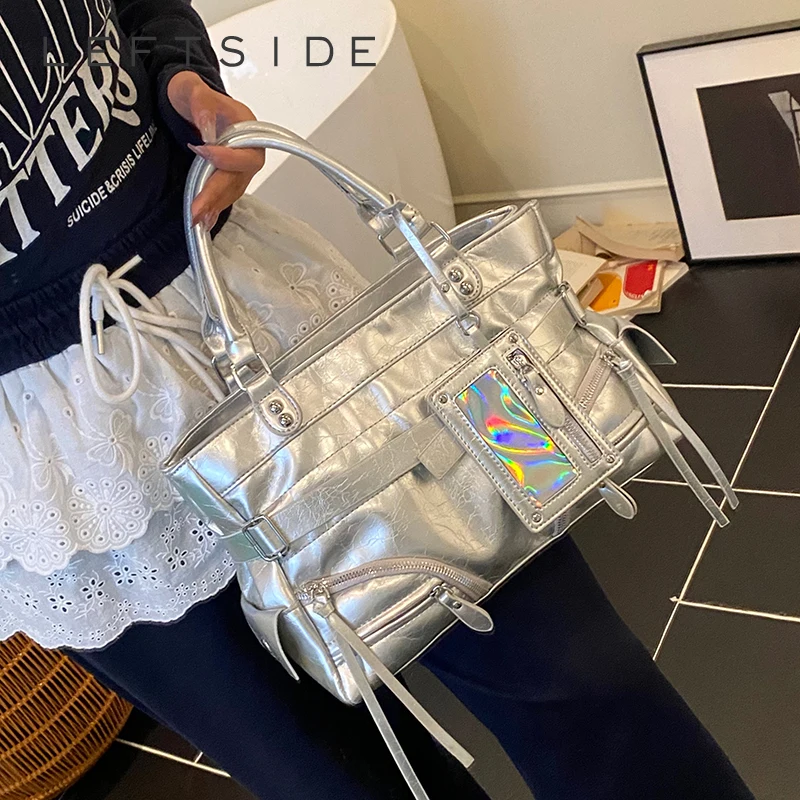 

LEFTSIDE 2025 Summer Silver PU Leather New in Shoulder Bag Women Korean Fashion Trendy Handbags and Purses Lady Crossbody Bag