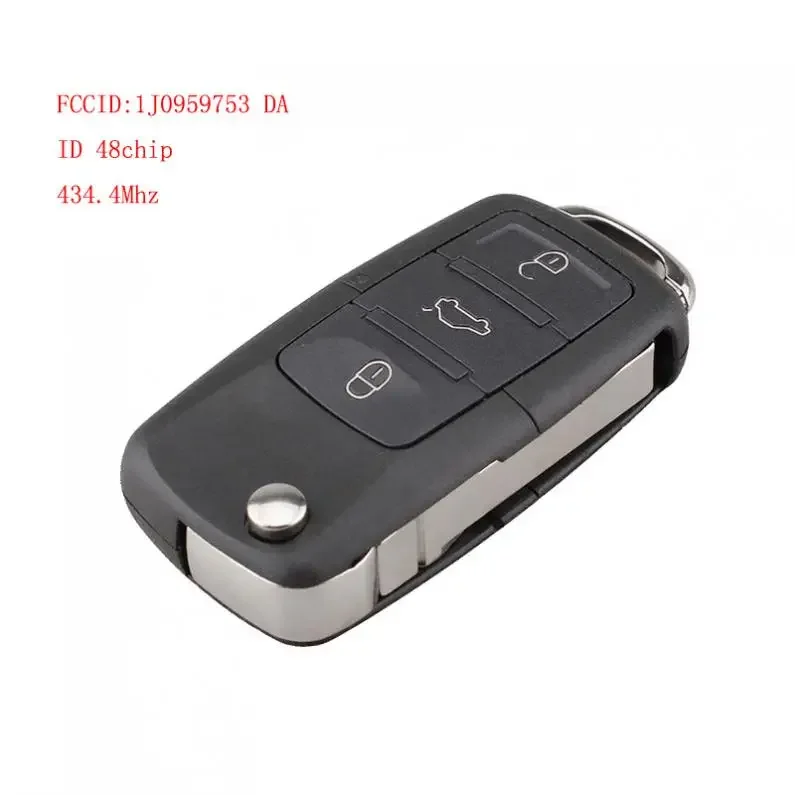 434MHz 3 Buttons Keyless Uncut Flip Remote Key Fob with ID48 Chip 1J0959753DA Fit for Beetle/VW/Skoda/Passat/Bora1998-2010