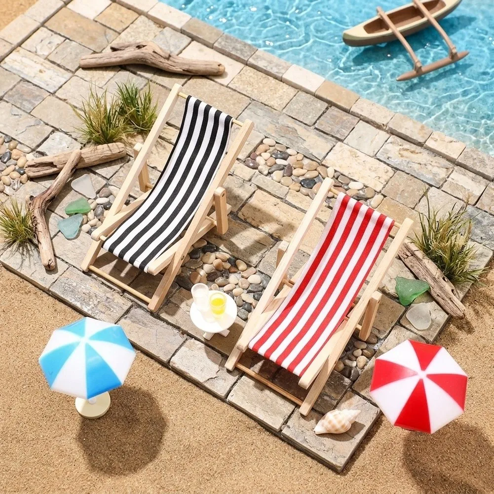 9 Piece Beach Themed Miniature Decor Set for Dollhouses Tropical Palm Trees Chairs Umbrellas Coffee Table Plastic Models