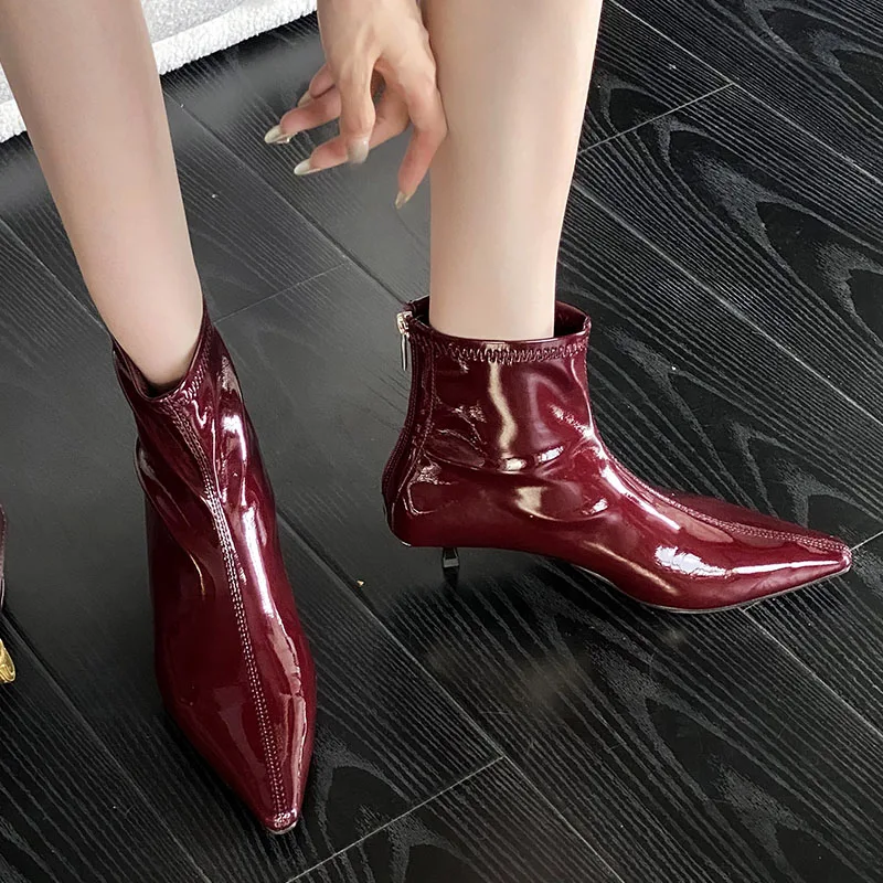 Female Red Footwear Zippers Women Ankle Stretch Boots With Low Heel Shoes Fashion Elastic Ladies Modern Boots Heeled Shoes