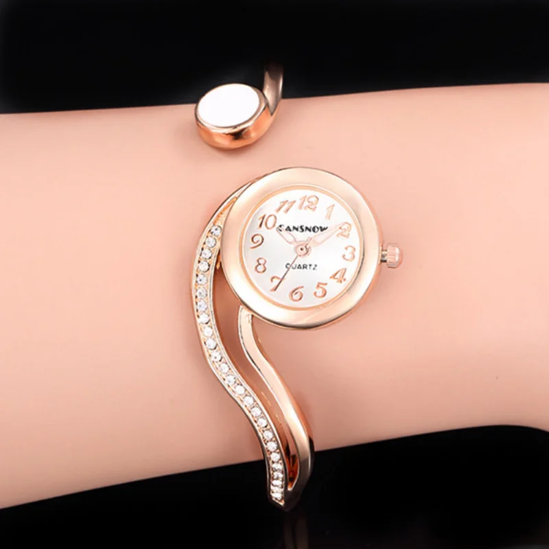 Elegant Women Quartz Watch Luxury Rhinestone Inlaid Open Cuff Bangle Bracelet Watch Fashion Dress Ladies Wristwatch Jewelry Gift