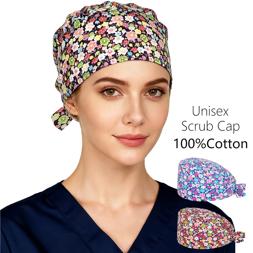 

High Quality Flowers printed Nurse Scrub Caps Beauty Spa Work Hat Nursing Accessories Cotton Sweatband Surgical Cap Woman Man