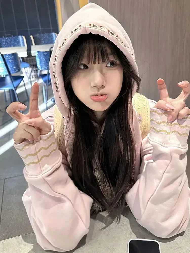 Y2k – sweat-shirt à capuche avec cordon de serrage brodé rose pour femme, Vintage, Streetwear, ample, Harajuku, vestes Grunge décontractées, 2025