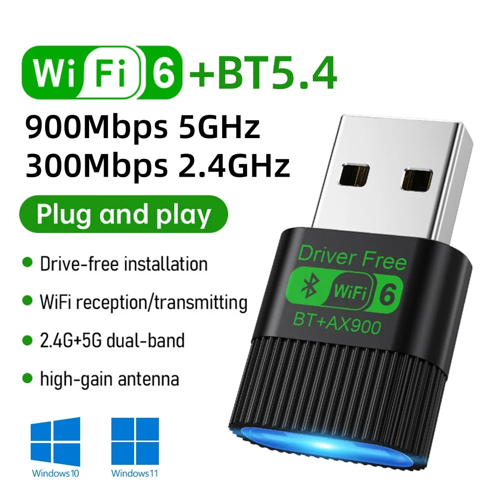 

New AX900 Driver Free Dual Band 2.4/5GHz Wireless Network Card Mini USB 3.0 Receiver WIFI6 Bluetooth 5.4 Adapter for Win10/11