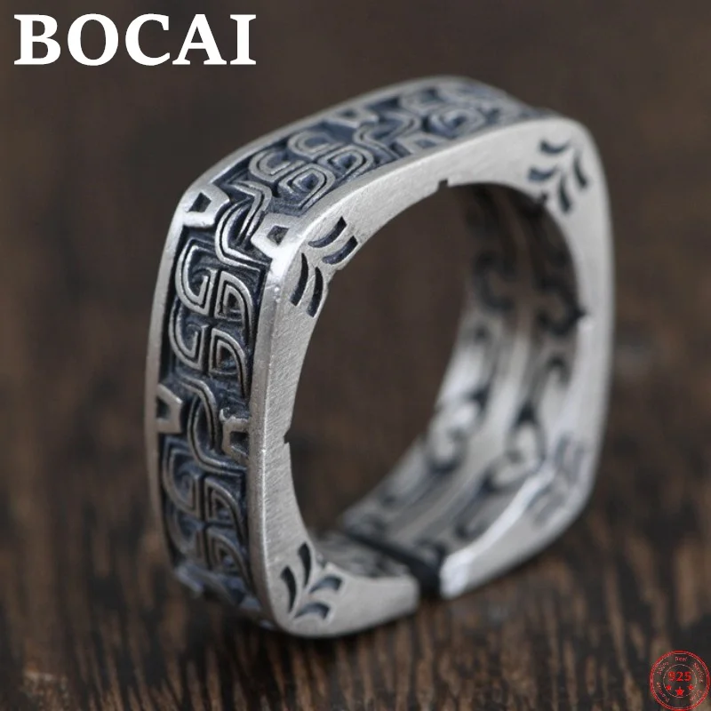 BOCAI Trendy S925 Sterling Silver Ring for Women Men New Fashion Relief Eternal Rattan Square Opening  Jewelry Wholesale