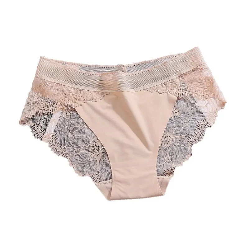 Women\'s Sexy Lace Panties Mid Waist Ice Silk Underwear Plus Size Transparent Seamless Briefs Hollow Out Mesh Panty Lingerie S-XL