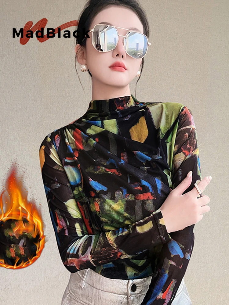 MadBlack-Women European Fleece T-Shirt, Sexy Turtleneck Print, Retro Long Sleeve Slim S-3XL Mesh Knit Tee, 2026 Autumn T6O738CC