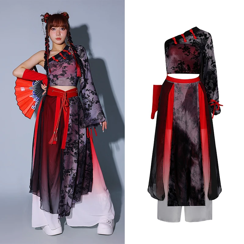 

Women Jazz Dancer Outfit Chinese Style Festival Party Red Clothing Adult Performance Costume K POP Cheerleader Uniform XH3024