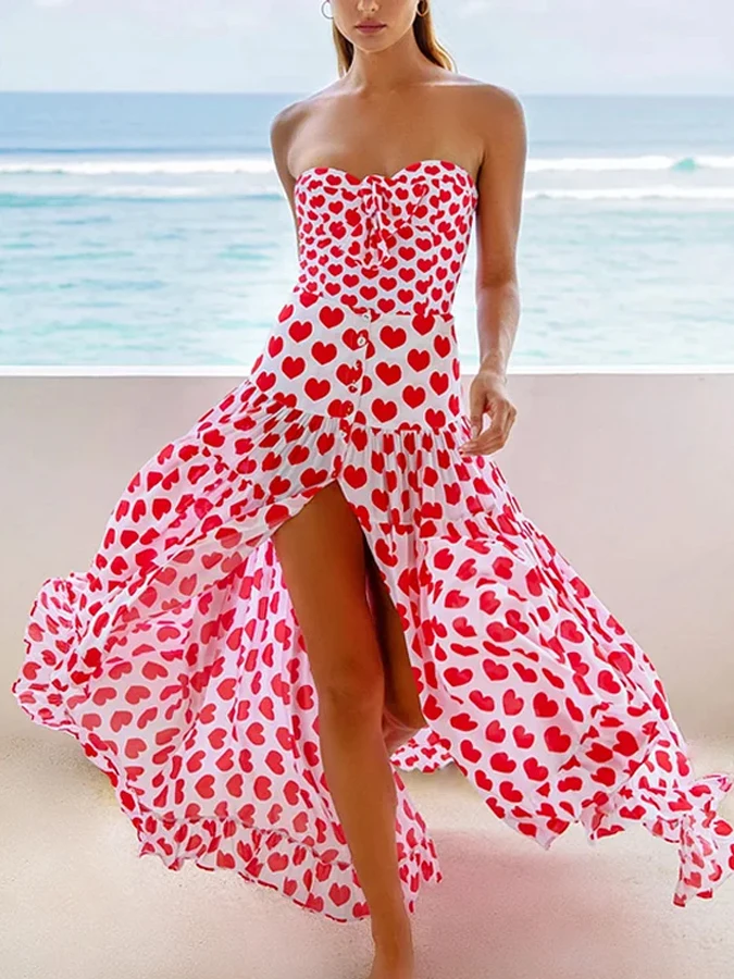 Fashion Pink Love Print Cute Romantic Bow One Piece  Swimsuit And Long Covering Split Beach Dress Ladies 2023 Vacation Seaside