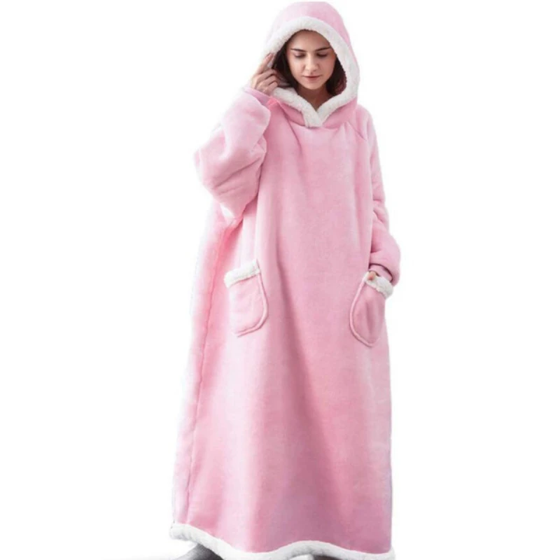 DSankle Winter Oversized Hoodies Super Long Hooded Blanket with Sleeves Women Men Pullover Fleece Giant TV Blanket 150cm