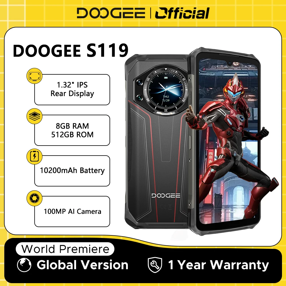 Мировая премьера DOOGEE S119 Прочный телефон 6,72 дюйма FHD + IPS-экран 8 ГБ 512 ГБ 100 МП AI Основная камера 10200 мАч Аккумулятор 33 Вт Android 14 NFC