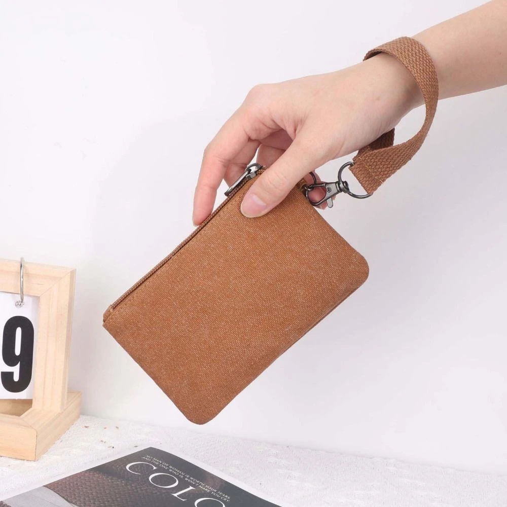 Casual Korean Style Canvas Coin Purse Wrist Bag Canvas Small Item Bag with Lanyard Coin Purse Card Storage Bag Women