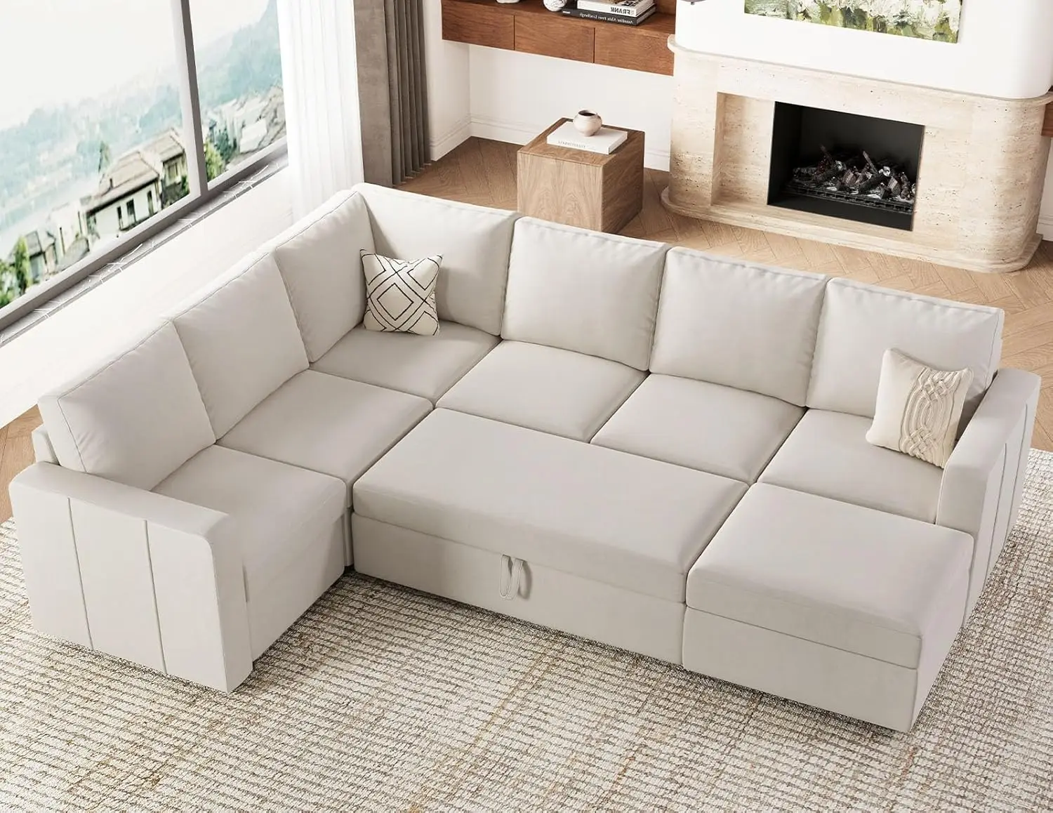 

Modular Sectional Sleeper Sofa with Pull Out Bed and Storage Ottoman Velvet U Shape Sleeper Sectional Couch Oversized