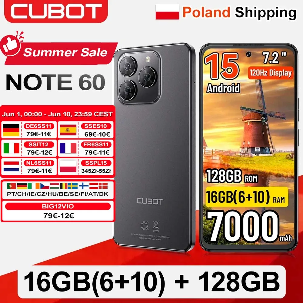 [Envío desde Polonia] Cubot Note 60, Teléfono Inteligente Android 15, Pantalla de 7.2'' 120Hz, 16GB (6+10GB) de RAM, 128GB de ROM, Cámara de 48MP, Batería de 7000mAh