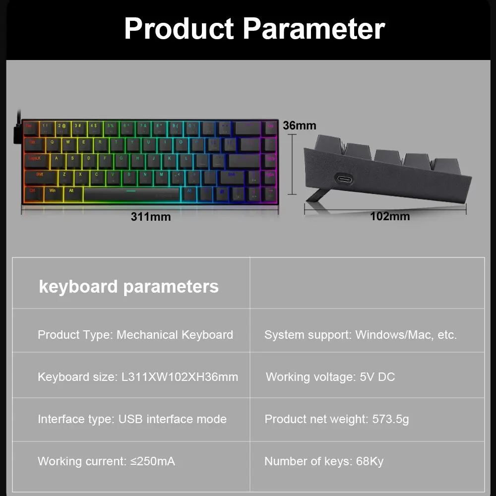 E-YOOSO Z686 RGB USB 60% Mini ince mekanik oyun kablolu klavye kırmızı anahtarı için 68 tuşları rus brezilyalı portekizce bilgi