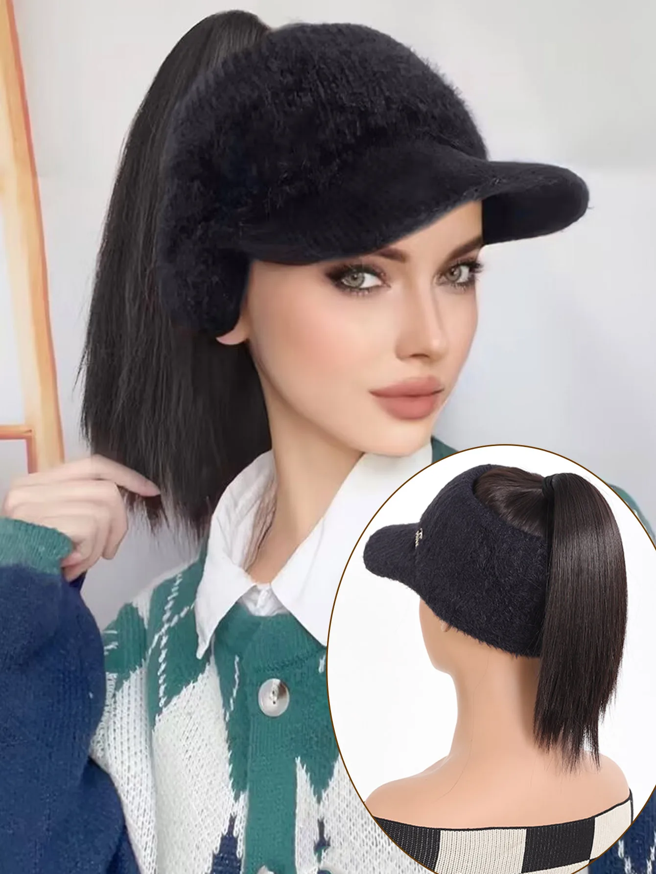 

Synthetic Natural Straight Hair Ponytail Extension Wig Black Plush Shade Baseball Cap All-in-one Easy to Wear Hat Wig