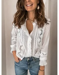 White Floral Embroidery Lace Blouse Shirt Women Tops Boho Long Sleeve Vintage Cotton Autumn Blouses Casual Lady Blusas