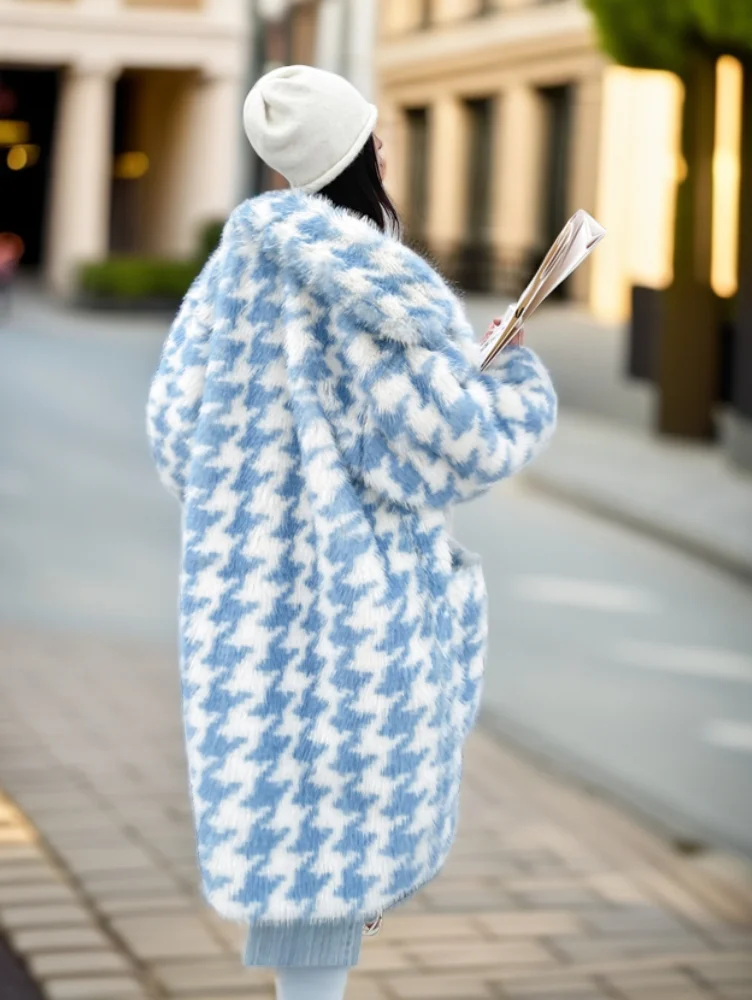 Autumn-Winter Houndstooth Faux Fur Coat Lapel Lady Furry Shaggy Outerwear Women\'s loose Long Jacket Promotion