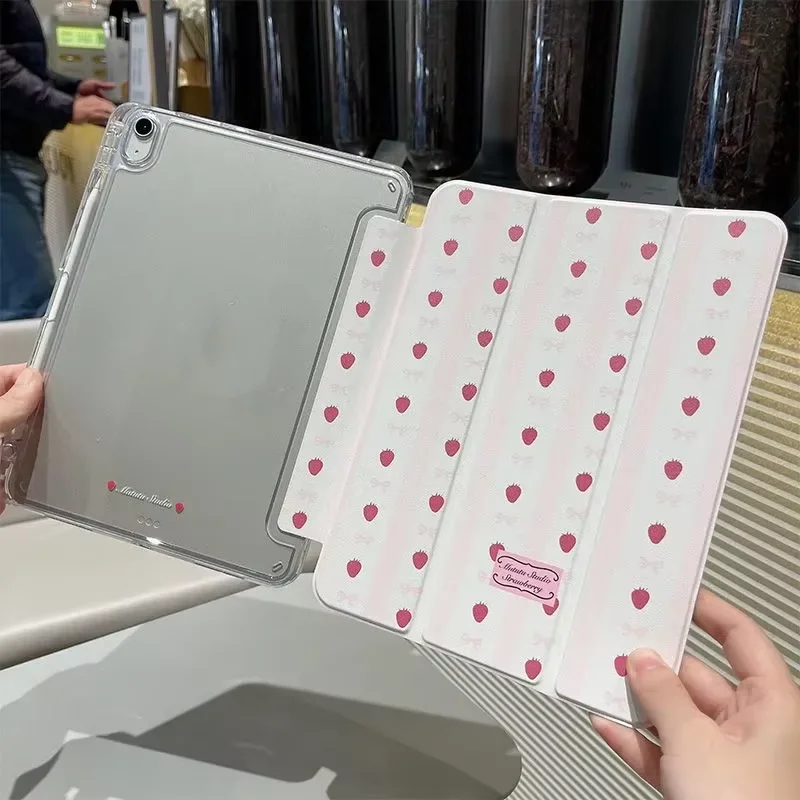 Korean Pink Strawberry Bow Grid PatteFor iPad 11th A16 10 9 8 7 5 Pro 13 11 M5 M4 M3 M2 12.9'' Air  4 3 2 1 Mini 7 6 Cover