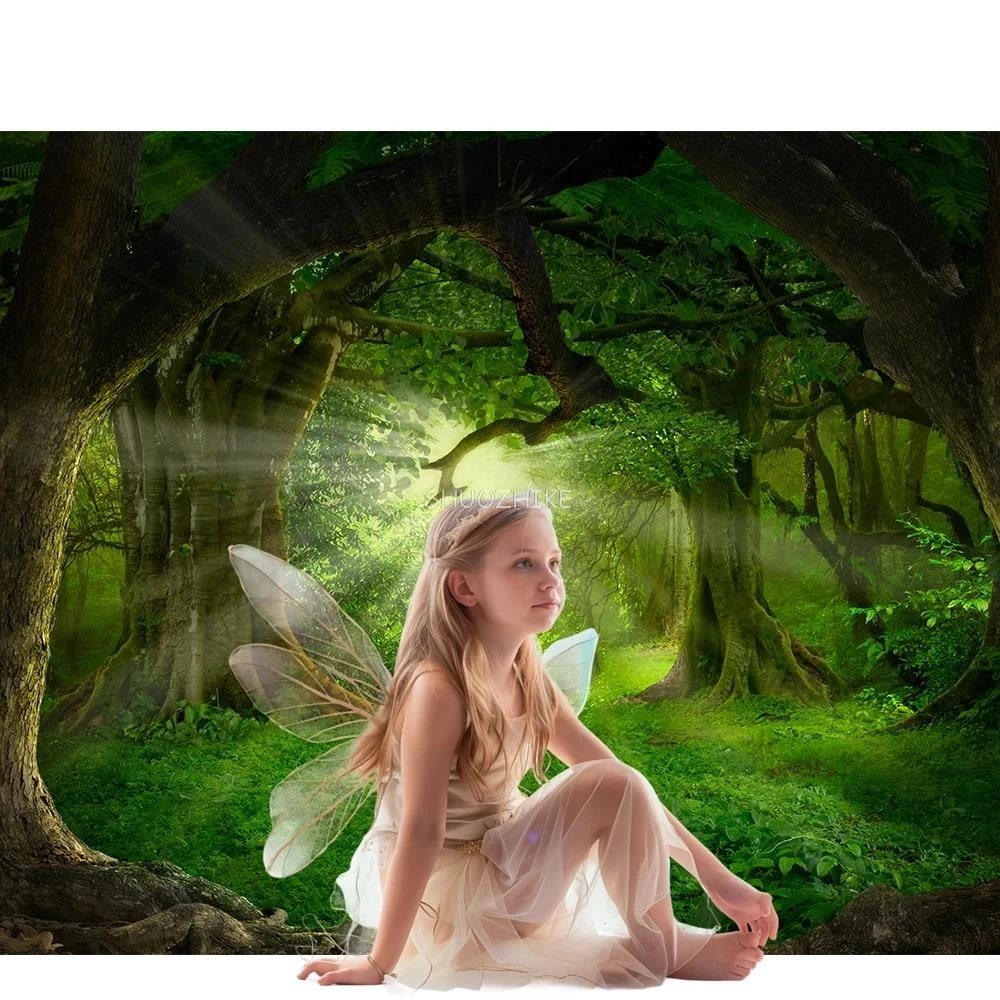 خلفية مشهد الغابات للتصوير الفوتوغرافي لاستحمام الطفل والأوراق الخضراء والمغامرة والزفاف وخلفية ديكور الغرفة الفوتوغرافية
