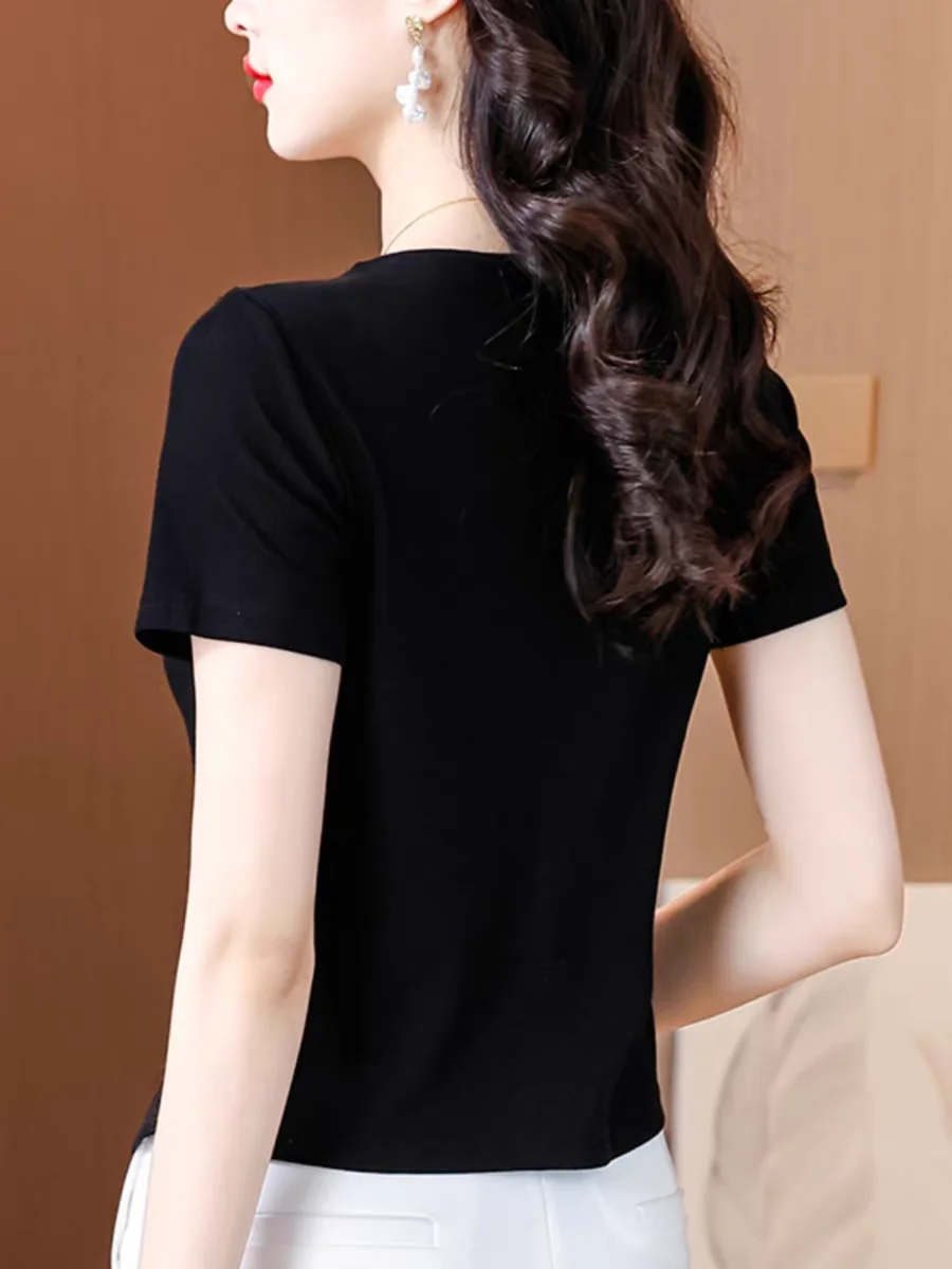 Summer Cotton Black T Shirt Tops for Women Clothes Stretch Slim Tees Shirt Femme V Neck Short Sleeve T-shirts Streetwear