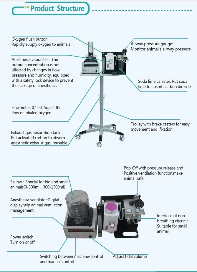 DV1200V5 Pet Anaesthesia Machine Cats Dogs Respiratory Anaesthesia Machine Aluminium Type Pet Veterinary Anaesthesia Respirator