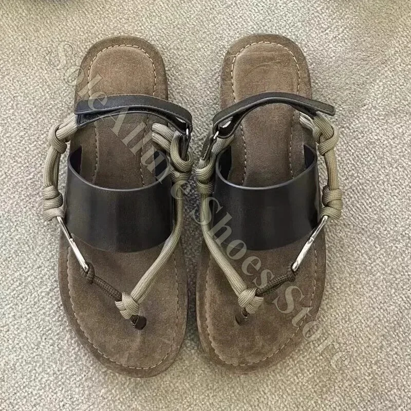 

Women Brown Suede Thong Sandals with Knotted Rope Ankle Strap Flat Casual Outdoor Summer Beach Shoes