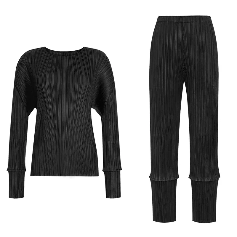 Pant Suits For Women 45-75kg New Solid Color Stretch Miyake Pleated Two Piece Set Long Sleeved Top + Midi Pencil Trousers