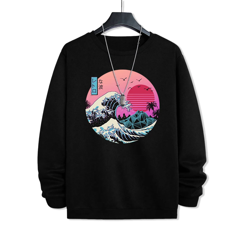 Japanese Ukiyo-E Sunset Waves Hoody Mens Fashion Street Prints Hoodie Casual Warm Sweatshirt Autumn Fleece Pullover Hoodies