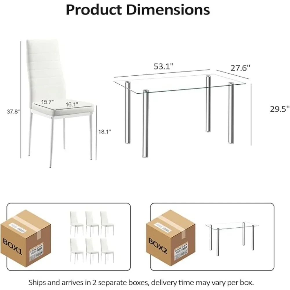 Set tavolo da pranzo da 7 pezzi Tavolo da pranzo moderno in vetro con 6 sedie con schienale alto in ecopelle Set da pranzo bianco per Dinin