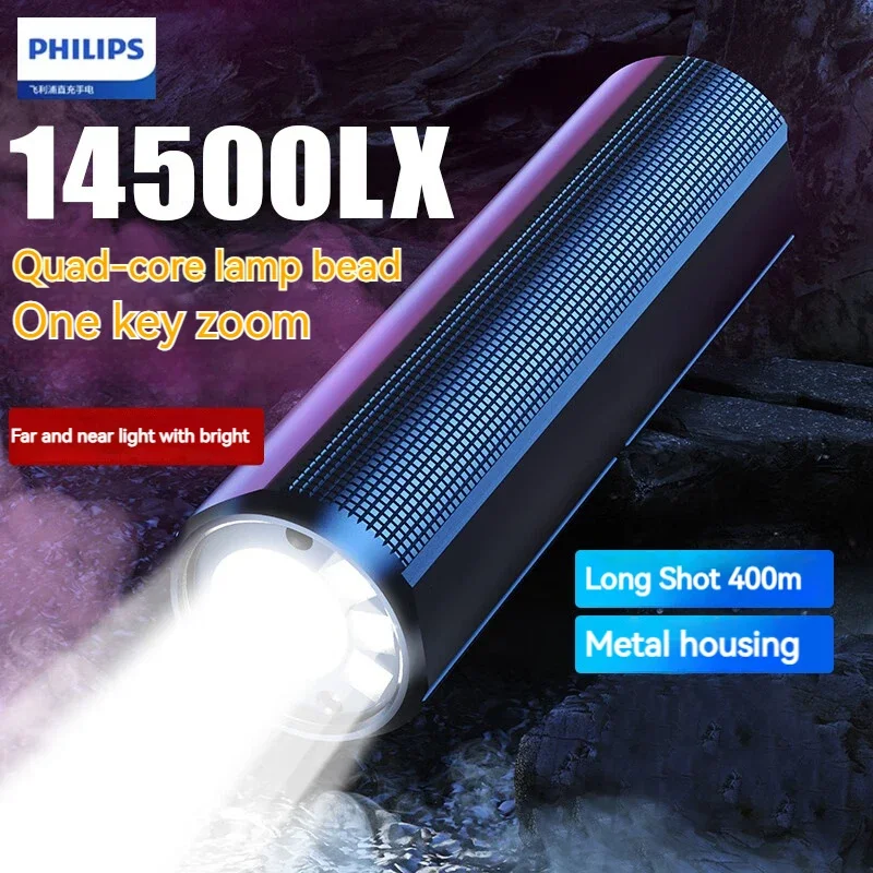 Philips Lanterna LED Recarregável, Portátil, Potente, Brilhante, Lâmpada de Acampamento, Caminhada ao ar livre, Autodefesa, 400m