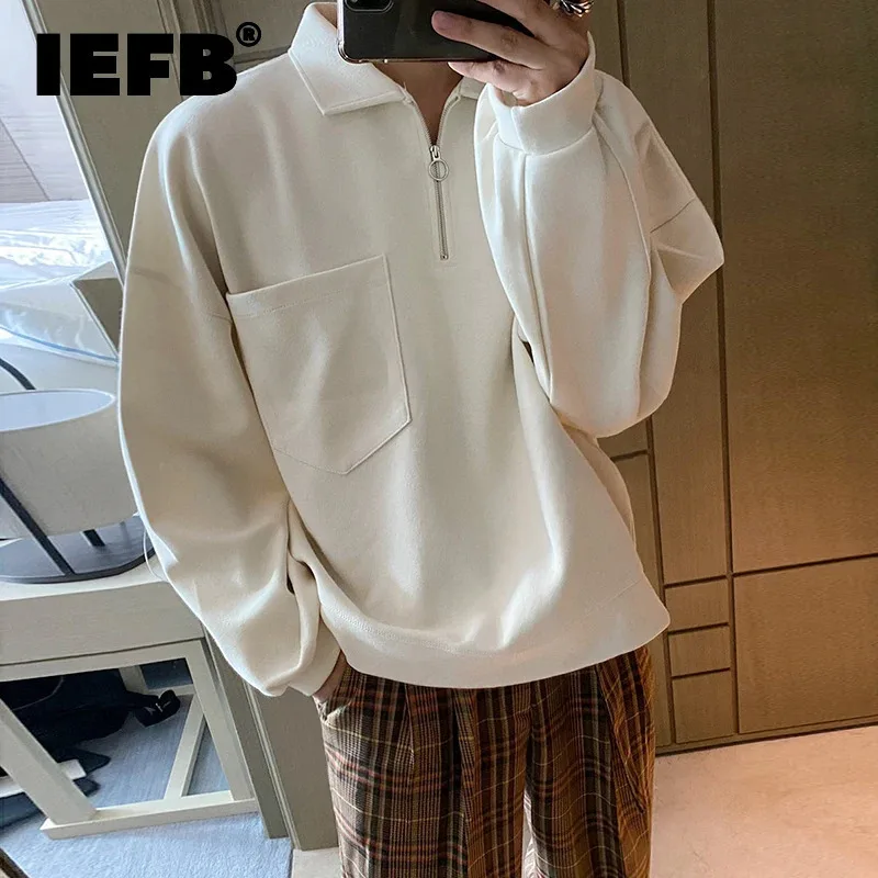 IEFB Men's Lapel Oversized Sweatshirt Long Sleeve Loose Single Pockets Design Pullover Tops Korean Chic Clothing Thick 9D1250