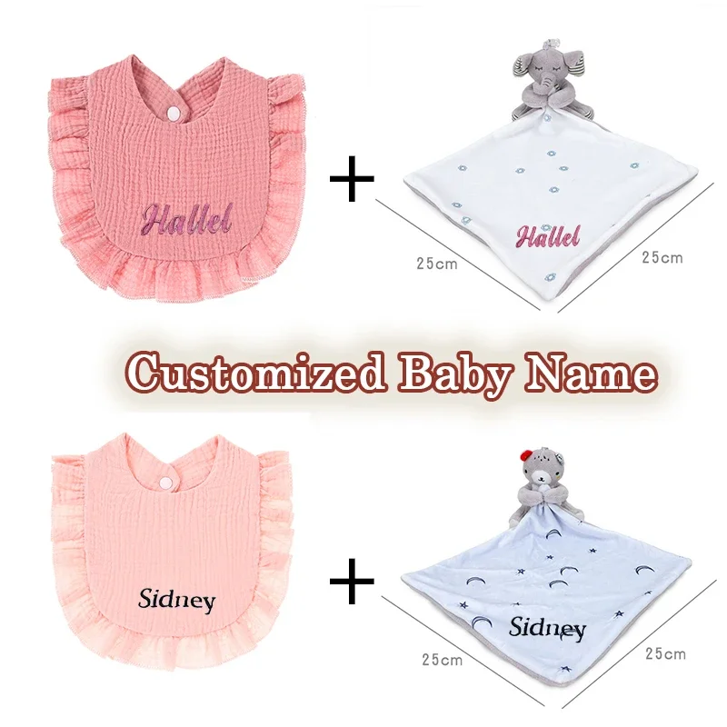 2Pcs/Set personalized baby comforter Security Blanket Plush Animals Baby Cotton Bib Cuddle Cloth Baby Name Baby Bib Newborn Gift