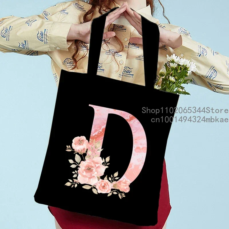 Fashion Trend Black Canvas Handbags Pink Sakura Alphabet Aesthetics Graphic Tote Bag Teenager Student Women Flower Shoulder Bag