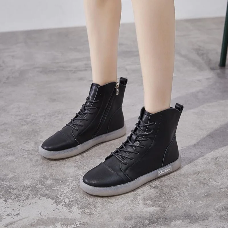 Genuine Leather Cow Women Ankle Boots White Sneakers Lace-up Comfortable Short Booties Autumn Winter Shoes Non-slip