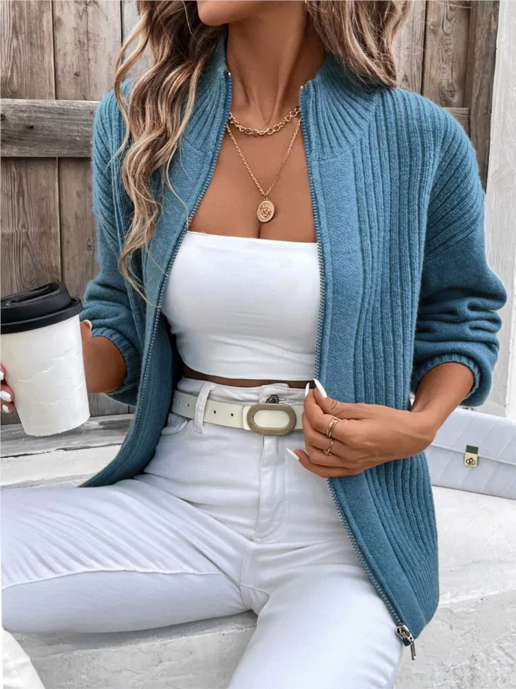 

Casual Commuting Stand Collar Solid Color Cardigan Sweater Jacket Winter Clothes Woman Pulls Femmes Comfortable All-match Trendy