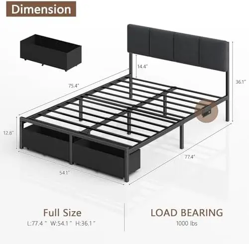 Full Size Bed Frame with Headboard, Upholstered Full Bed Frame with LED Light, USB Charging Station, Platform Bedframe