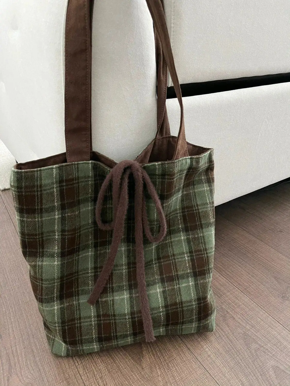 Miyagawa 2024 New Autumn/Winter Brown Green Plaid Plush Ribbon Tote Bag Korean Simple Large Capacity Versatile Shoulder Bags