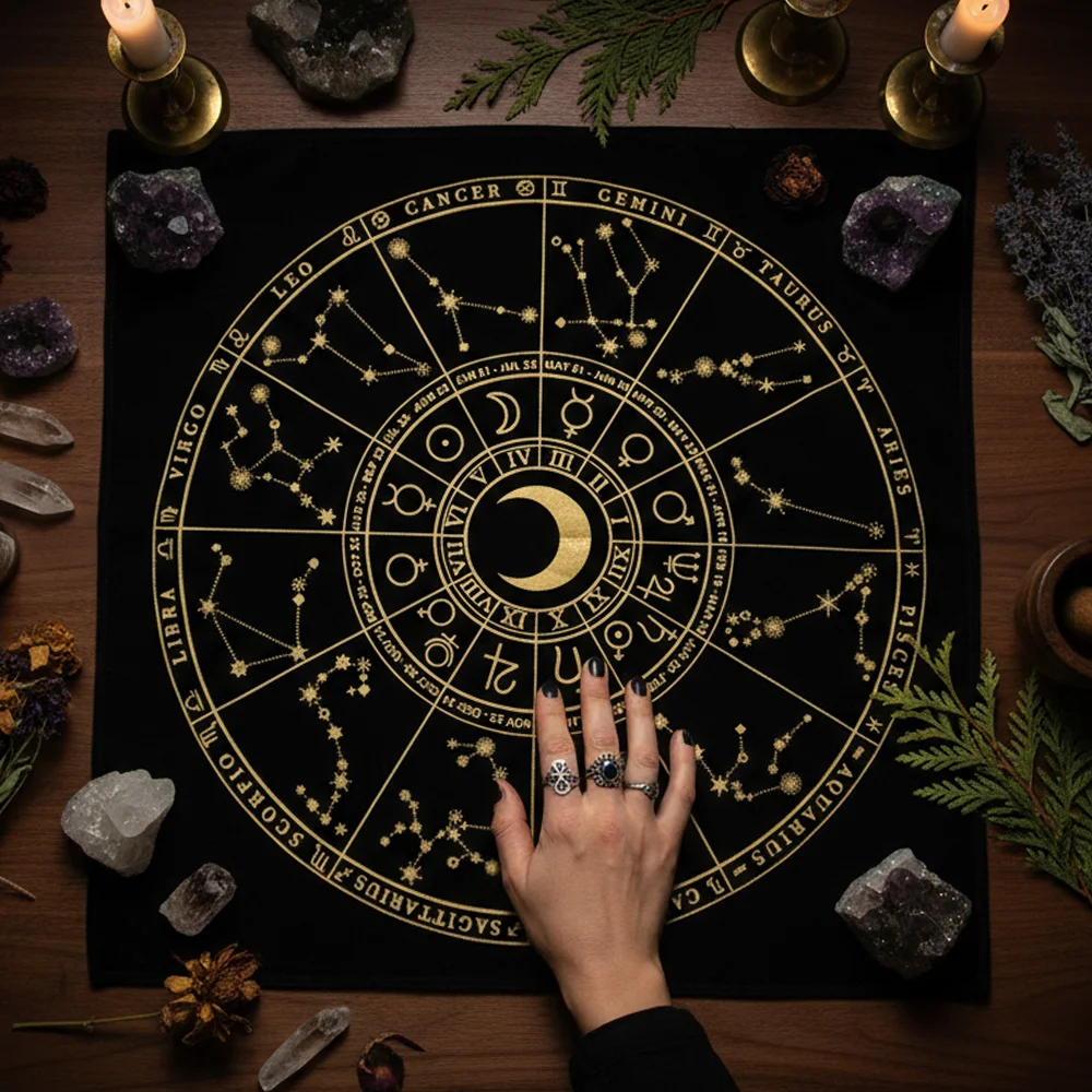 Astrology Zodiac Wheel Altar Cloth Black Gold Constellation Celestial Chart Tarot Tablecloth Horoscope Divination Mat Mystic Hom