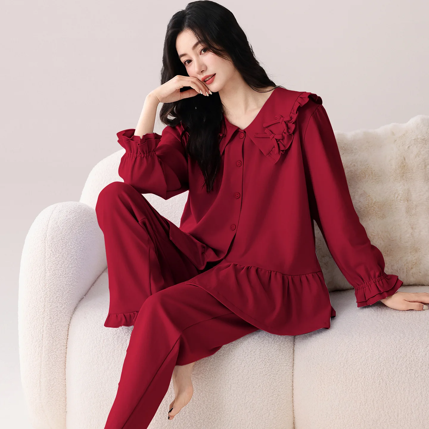 Women's Autumn Pure Cotton Red Long-Sleeved Cardigan Festive Bright Red Sweet Style Loungewear Soft and Comfortable