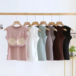 Cotton Camisole Tops with Padded Bust Women Sleeveless Undershirt Summer Solid Color Outerwear Concealing Side Cleavage C5713