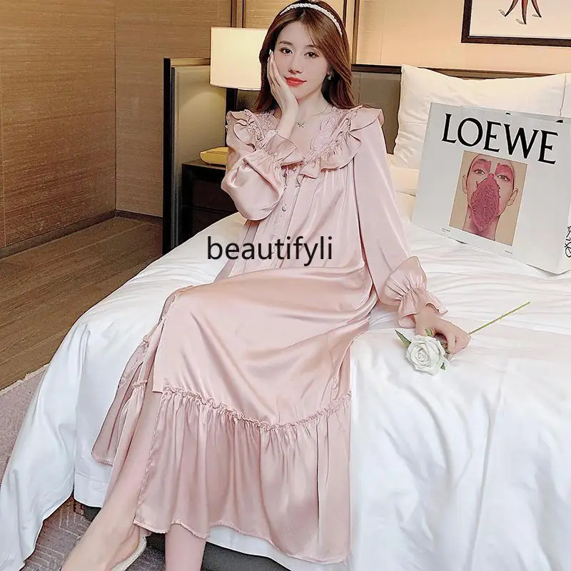 

French Princess Style Ice Silk Nightdress Fat Women's Spring and Autumn Court Style Pajamas Homewear